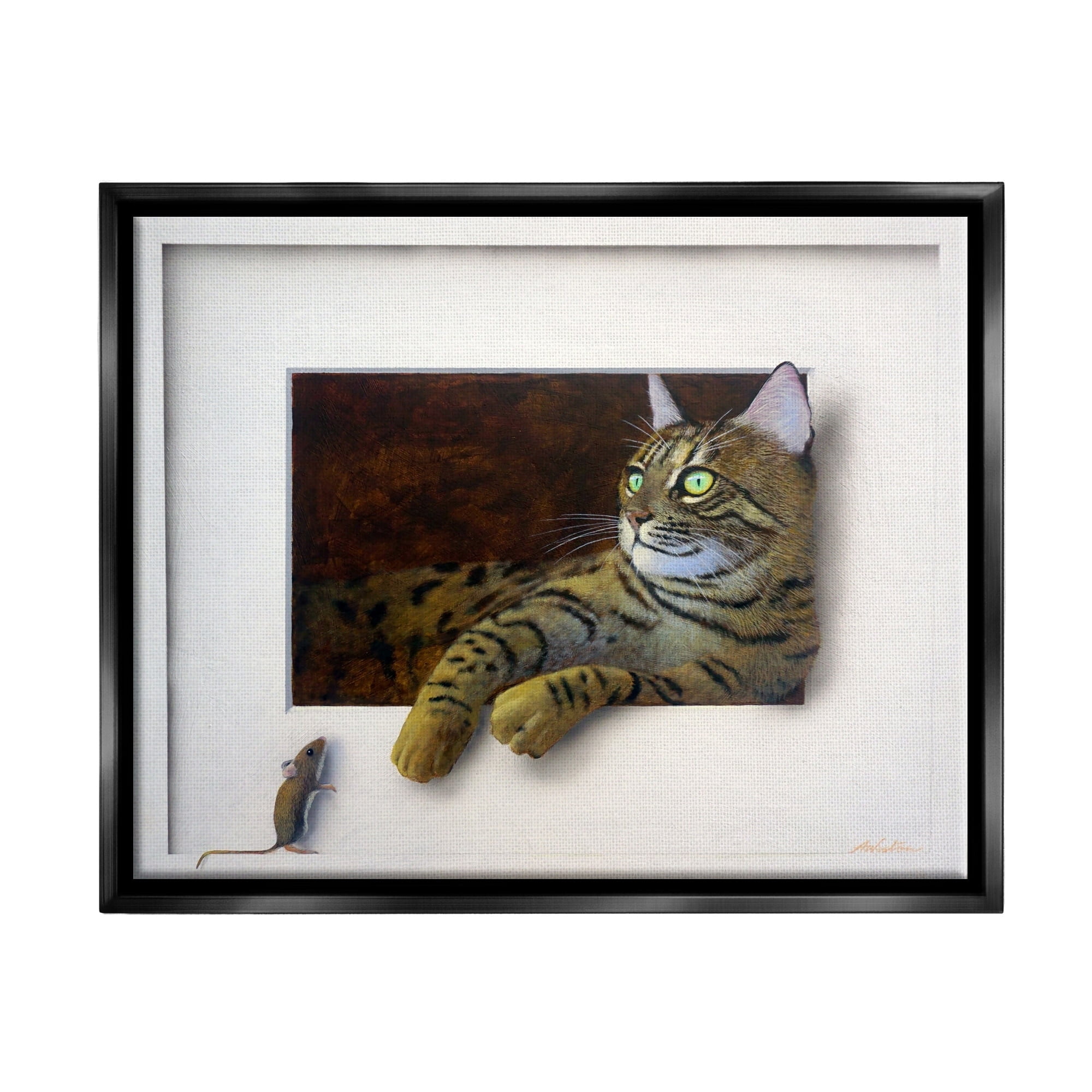 Stupell Industries Manx Cat Resting Curious Mouse Peering Illusion Painting Luster Gray Floating Framed Canvas Print Wall Art, Design by Alan Weston