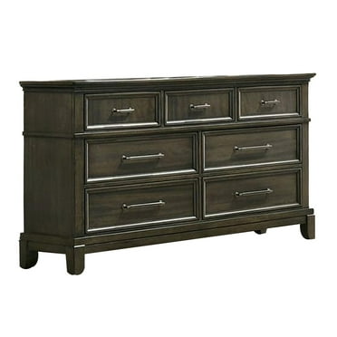 Benjara Ston 63 Inch Wide Dresser Chest, 7 Drawers, Pewter Handles, Wood, Gray