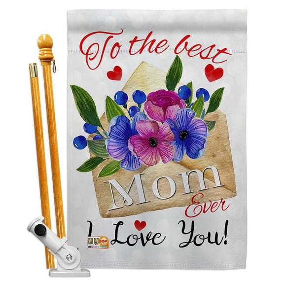 Breeze Decor BD-MD-HS-115137-IP-BO-D-US18-BD 28 x 40 in. To the Best Mom Summer Mothers Day Impressions Decorative Vertical Double Sided House Flag Set with Pole Bracket Hardware