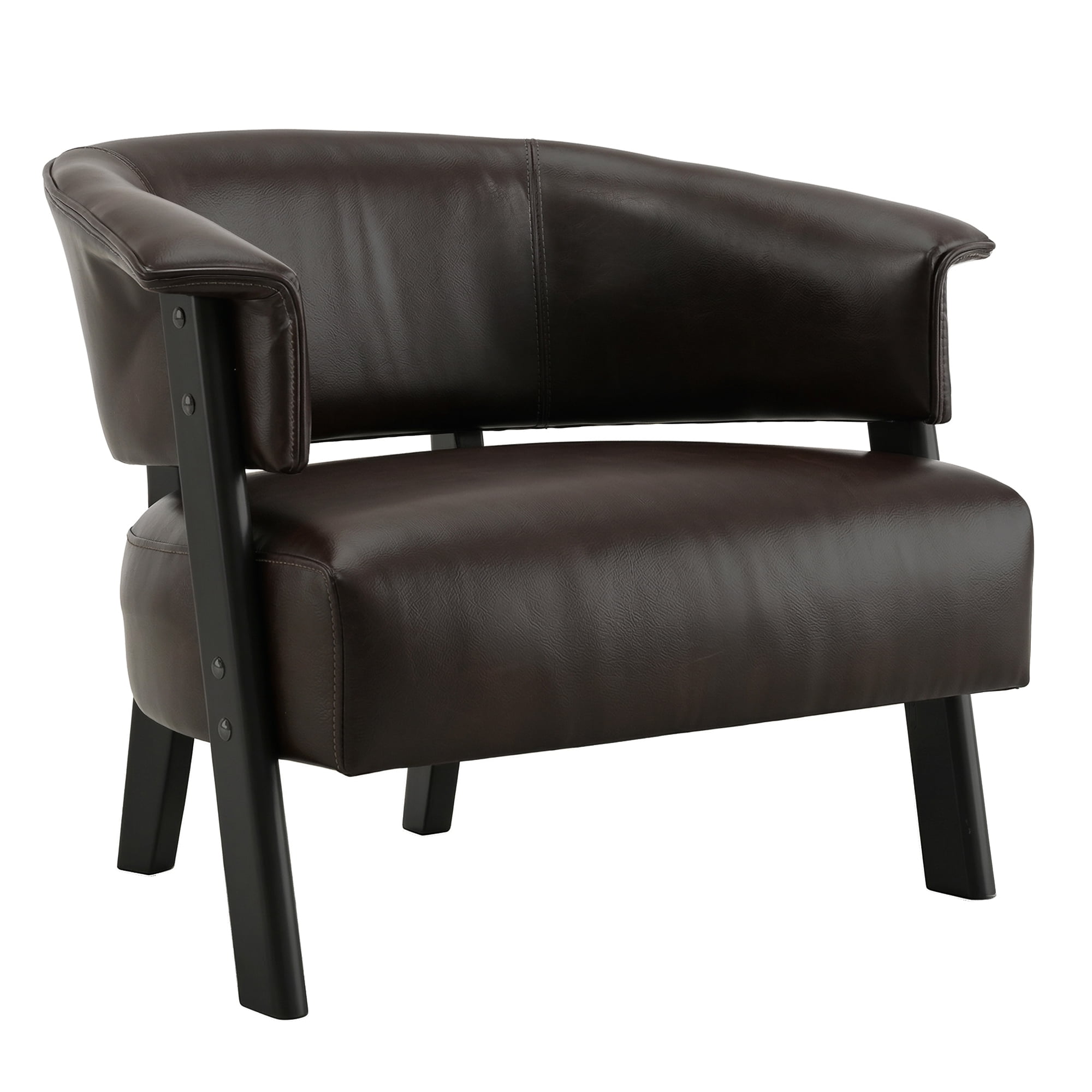 Wingback Accent Chair with Faux Leather and Wrap-Around Back, Upholstered Armchair and Reading Chair with Solid Wood Legs, Brown