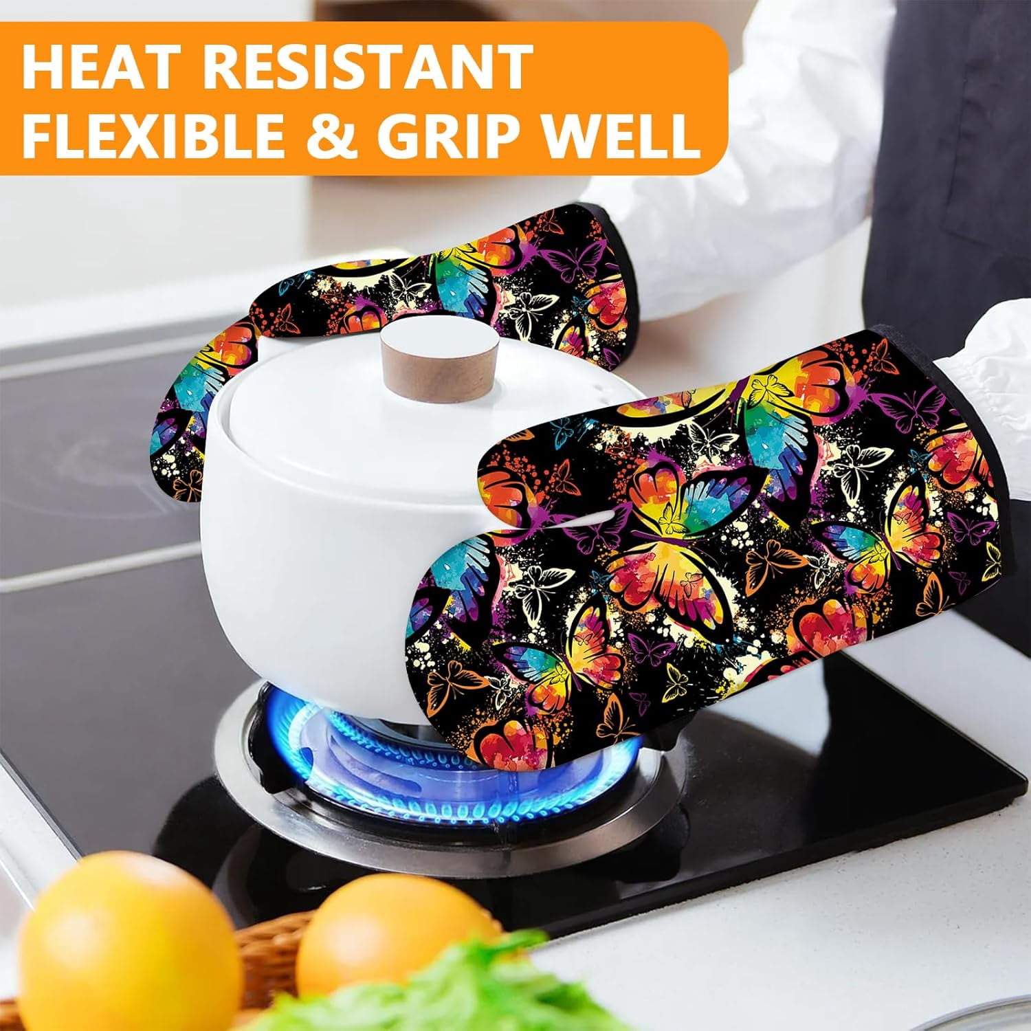 Sunflower Highland Cow Oven Mitts and Pot Holders Sets 4Pcs,Extra Long Oven Gloves Potholder for Kitchen Cooking Baking BBQ 100% Cotton Heat Resistant