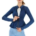 thumbnail image 1 of Cardigan en Tricot Nouvelles Vestes en Denim pour Femmes à Basque Col Rond Manches Longues Fermeture Éclair devant Court Extensible Athlétique Entraînement Manteaux à Volants Bleu TG, 1 of 3