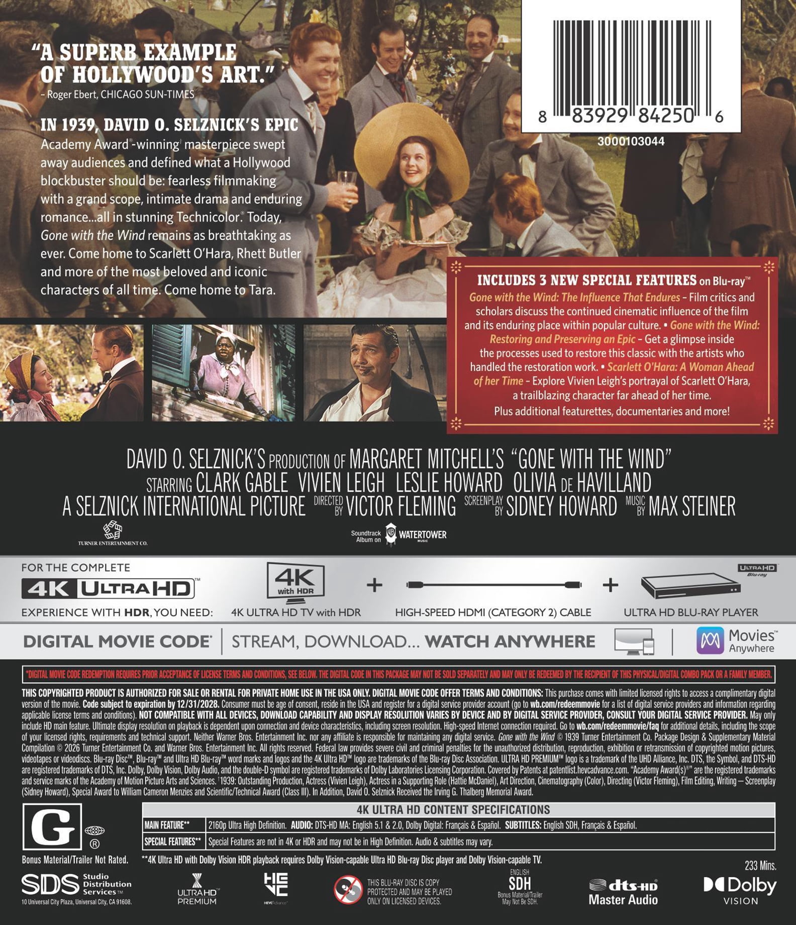 Gone with the Wind (4K Ultra HD + Digital Copy), Drama, Warner Bros.