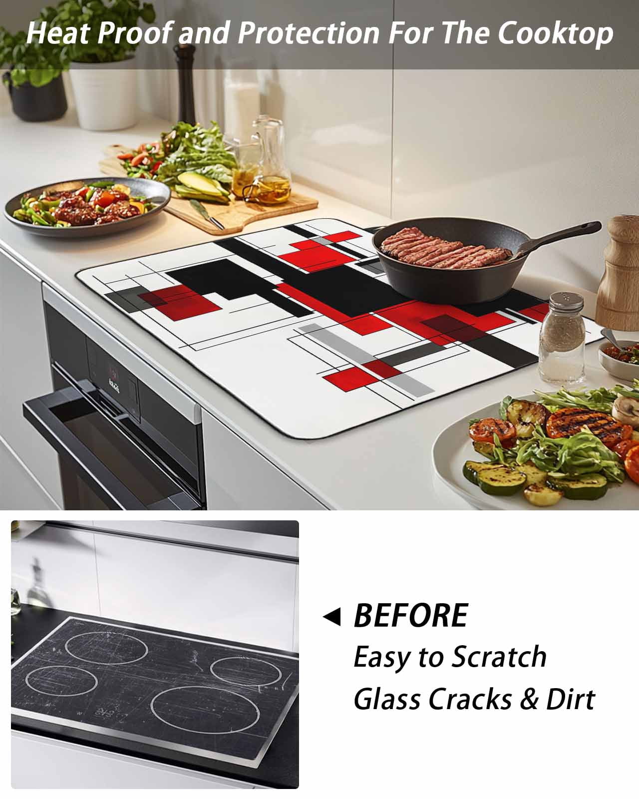 Stove Top Covers for Electric Stove, Red Grey Black Glass Stovetop Cover Protector, Irregular Modern Geometric Abstract Induction Cooktop Protector Oven Mat for Kitchen Countertop 24"x21"
