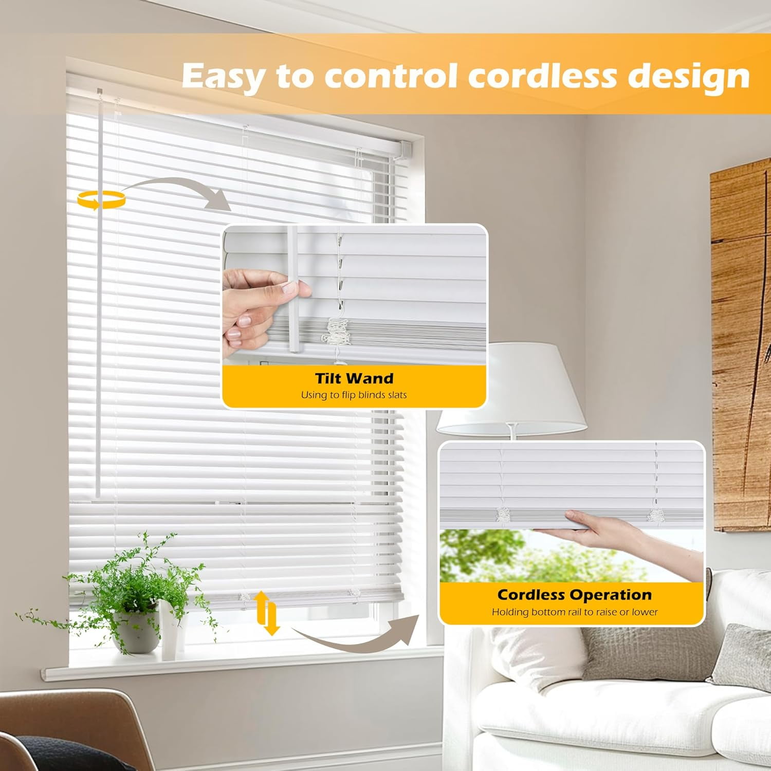 LazBlinds Cordless 1" Vinyl Horizontal Mini Blinds, Light Filtering Blinds for Windows, Blinds and Shades for Windows Size 52" W x 64" H, White