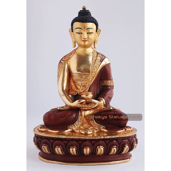 Hand Carved Gold Face Painted 8" Amitabha Buddha Copper Gold Gilded Statue From Patan Nepal