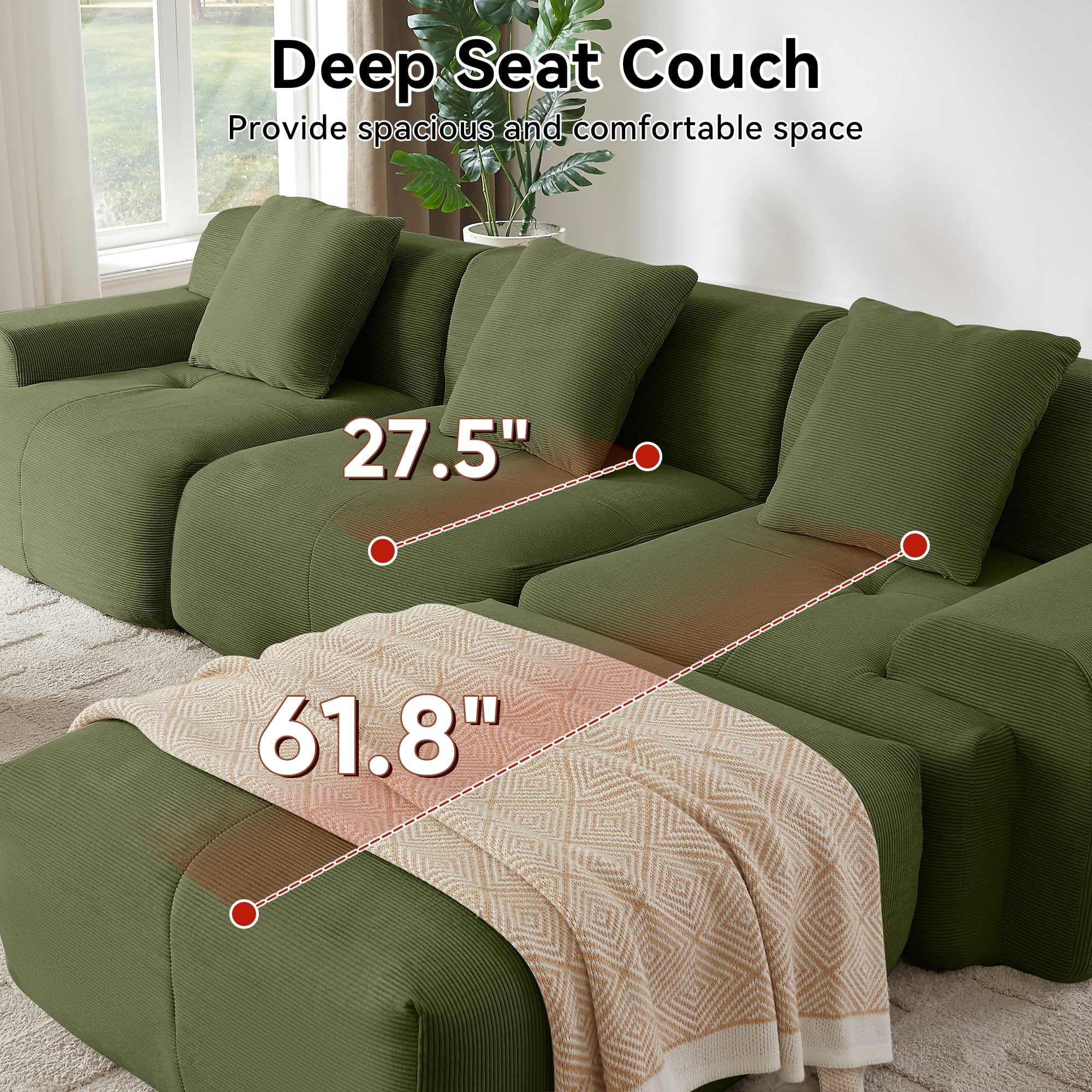 Muumblus 113" L-Shaped Modular Sectional Sofa, Oversized Corduroy Cloud Couch for Living Room, Green