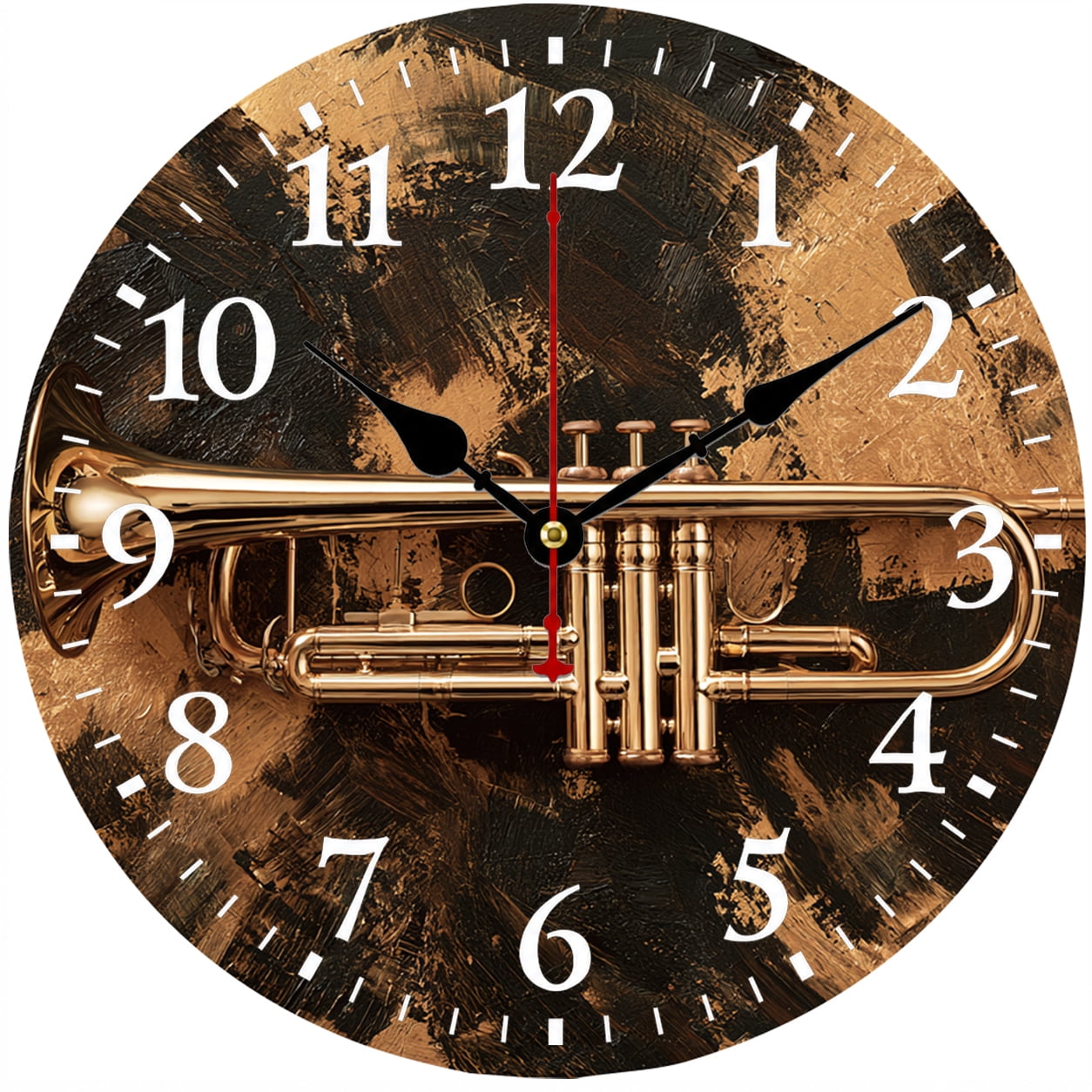 9.84 Trumpet Wall Clock, Battery Operated Analog Clock with Easy-to-Read Numbers, Vintage Black Gold Musical Instrument Decor for Living Room Bedroom Office