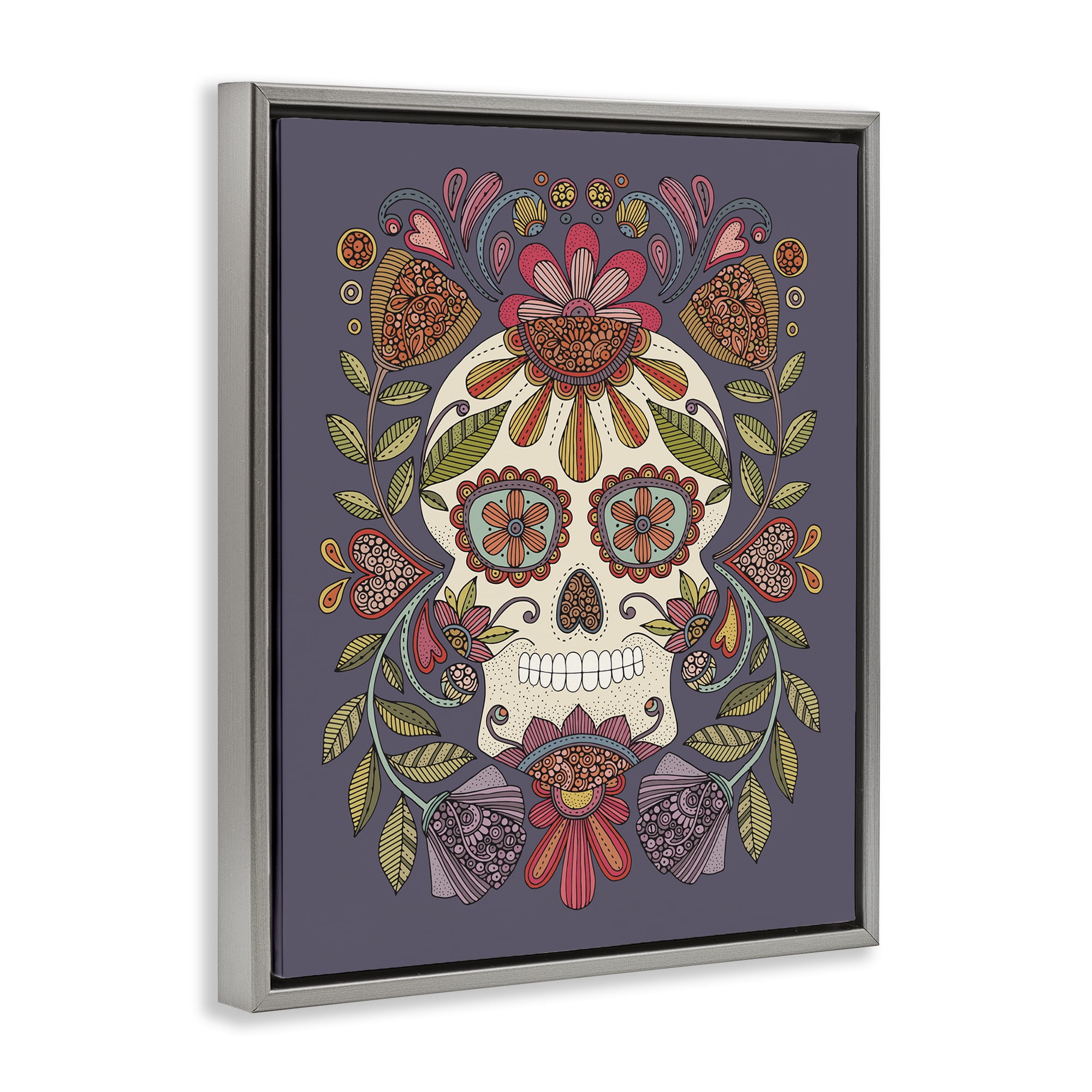 Stupell Industries Patterned Sugar Skull Holiday Painting Gray Floater Framed Art Print Wall Art, 25 x 31