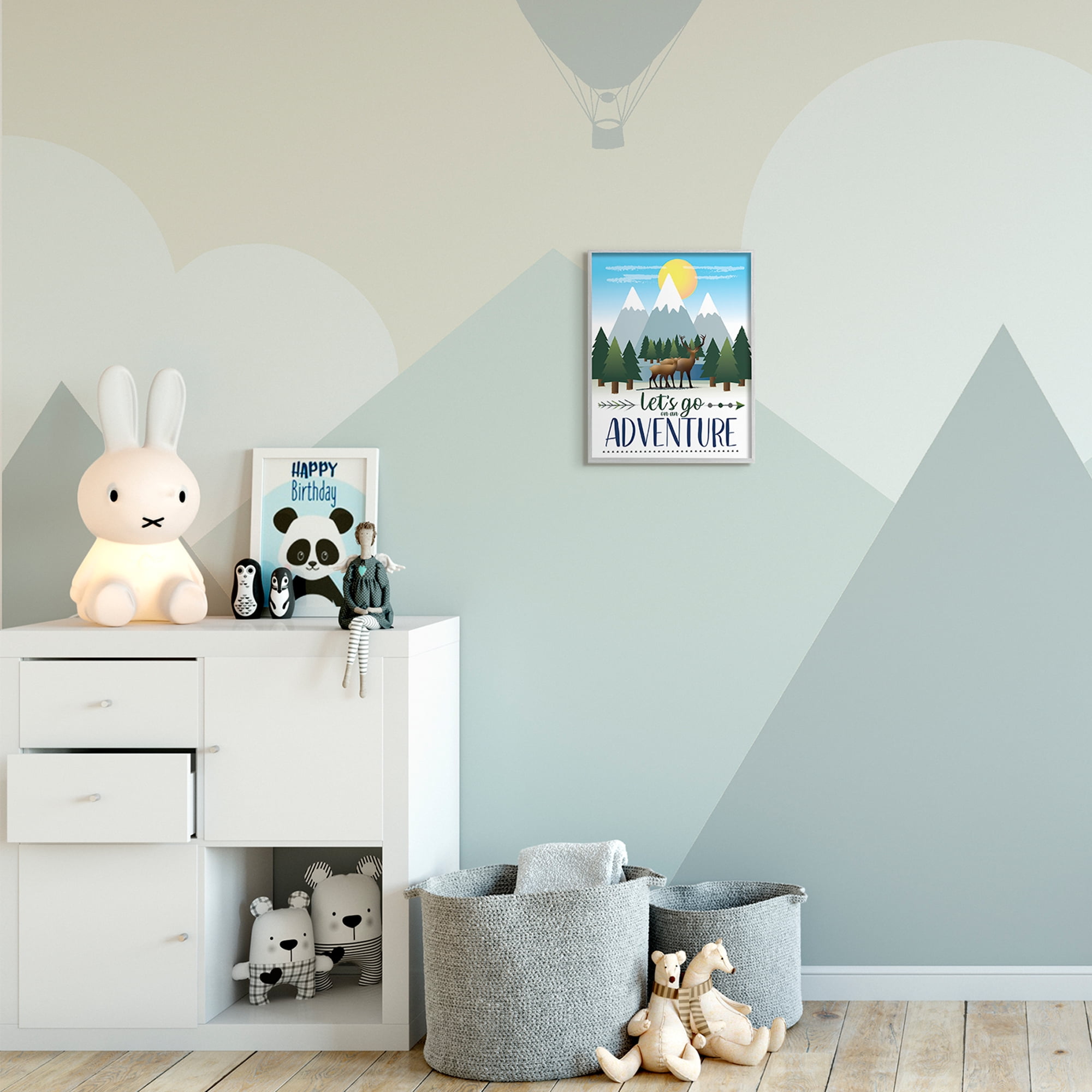 Stupell Industries Let's Go Adventure Phrase Forest Animal Mountain Range Inspirational Painting Gray Framed Art Print Wall Art, 11 x 14