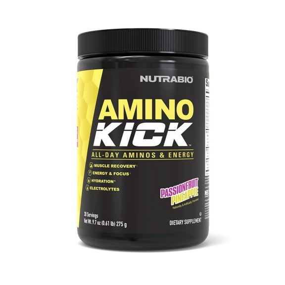 NutraBio Amino Kick - Amino Acid Energy Formula - BCAA's, Electrolytes for Hydration, Natural Caffeine- 30 Servings(Pineapple Passionfruit)