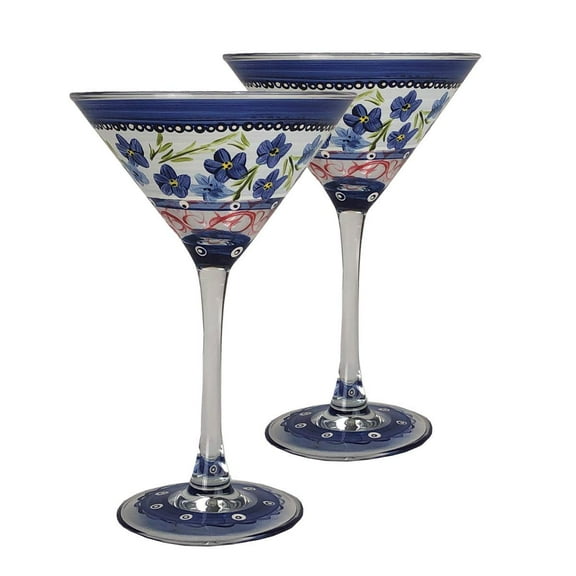 Golden Hill Studio Hand Painted Martini Glasses Set of 2 - Barcelona Blue Flower Collection - - Hand Painted Glassware by USA Artists - Unique Martini Glasses - Ideal Table & Home Décor