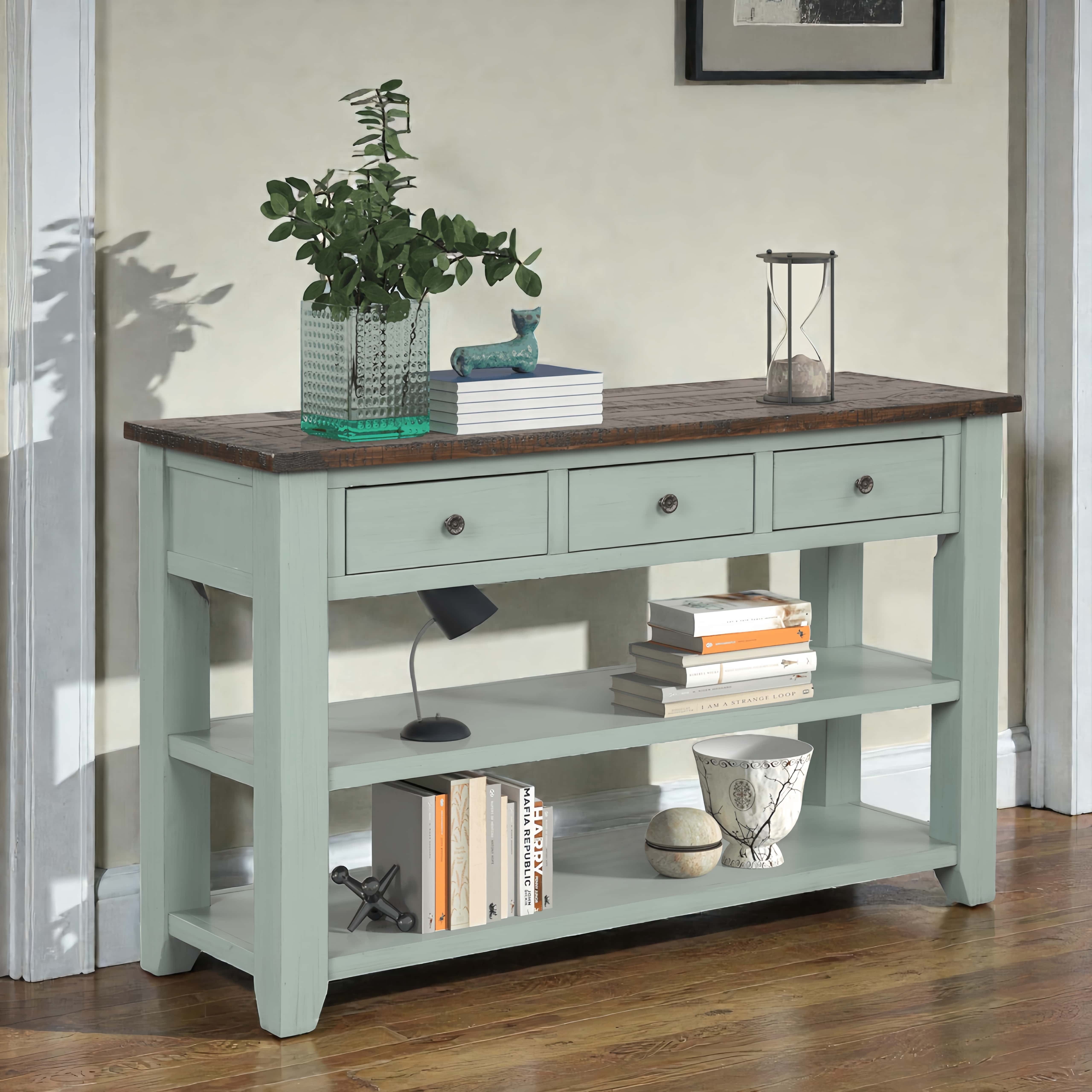 Tcbosik 48 inch Console Table, Entryway Table with Open Shelves and 3 Storage Drawers, Behind Couch Table for Foyer, Hallway, Living Room, Retro Blue