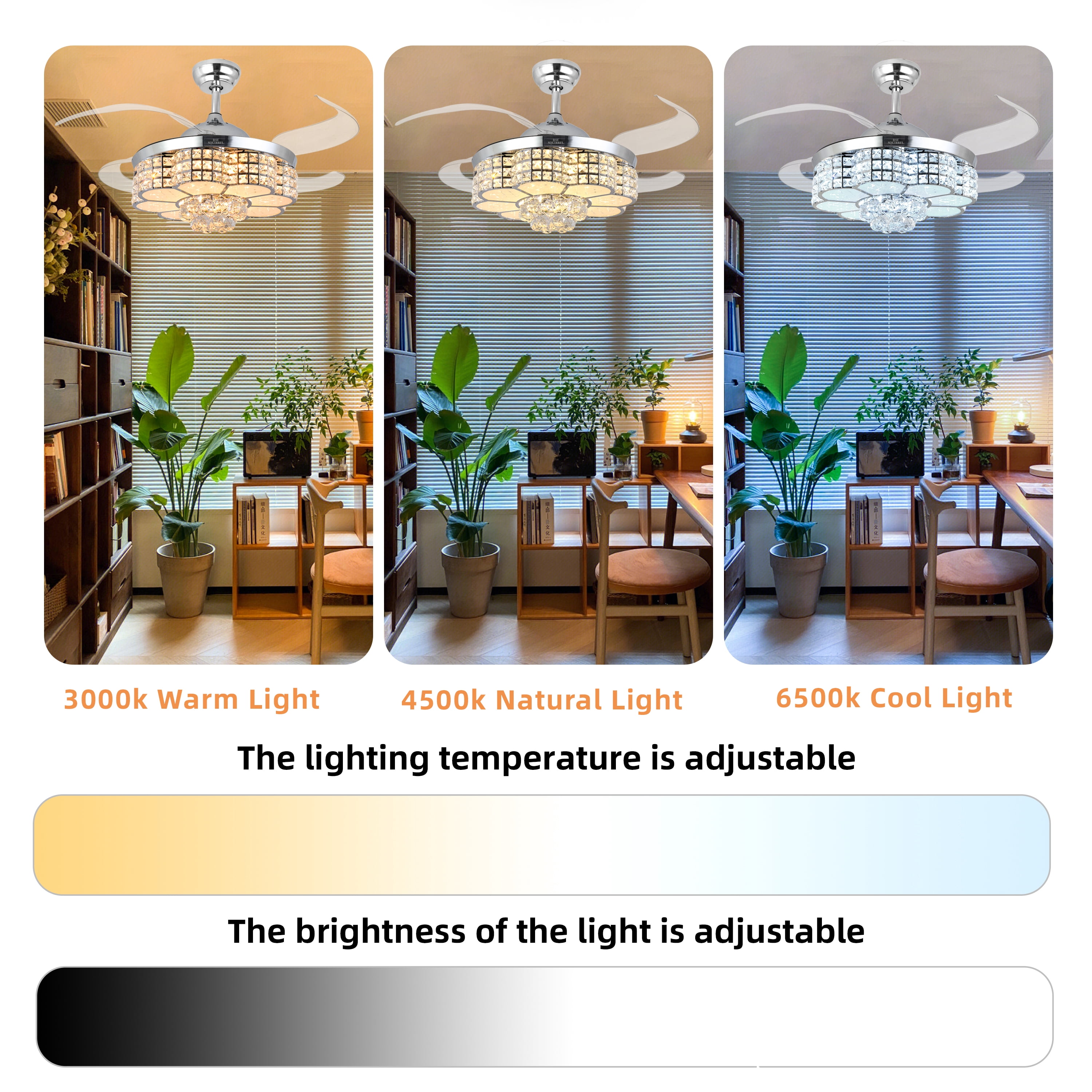 BAYSQUIRREL Retractable Crystal Ceiling Fan with RGB LED Light, Bluetooth Speaker, Remote/APP Control, 6 Speeds & Reversible Blades