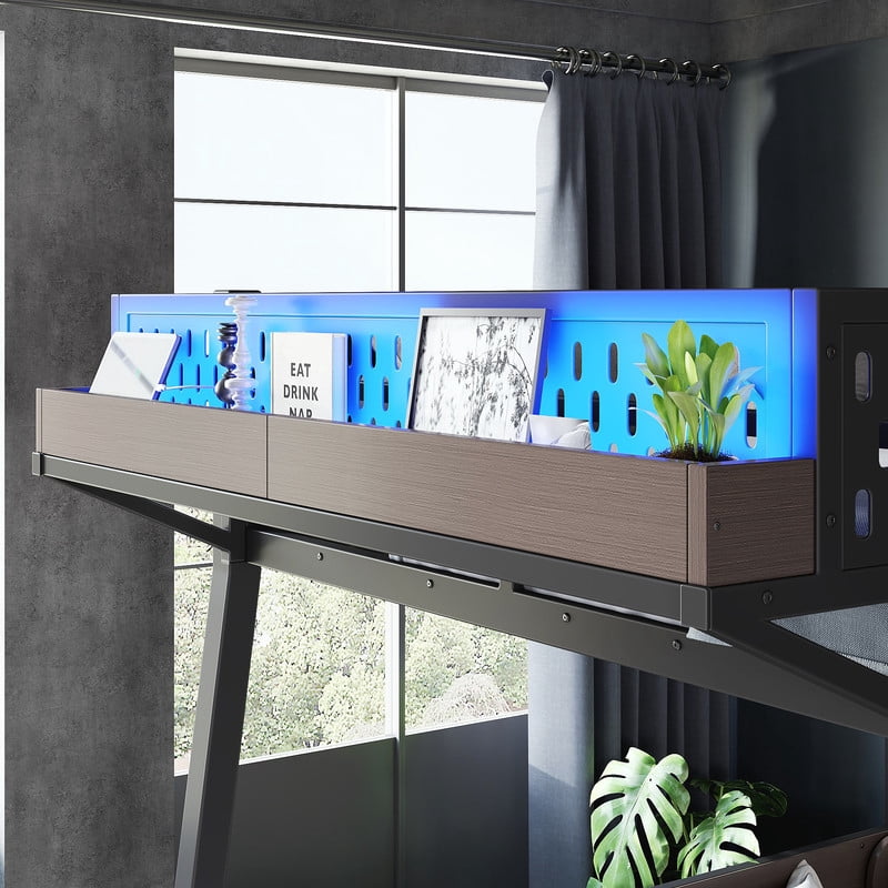 Full-Over-Full Storage Bunk Bed with Shelves, Multi-Functional Metal Bed Frame with LED Light and Charge Station for Kids,Teens