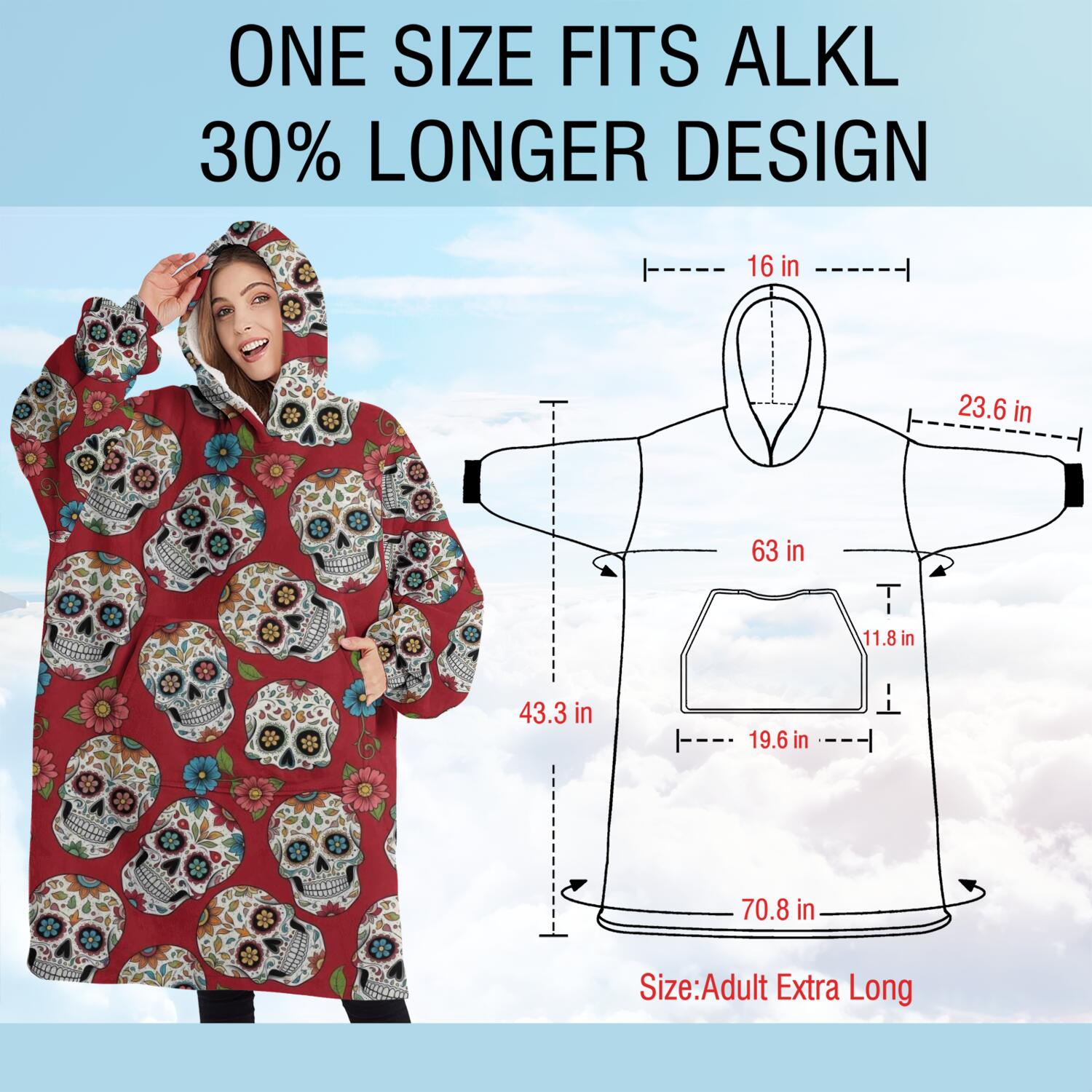 Oversized Wearable Blanket Hoodie,Red Flower Skull Pattern Sherpa Blanket Hoodie with Super Pockets,Super Warm Fuzzy Pullover for Women & Men