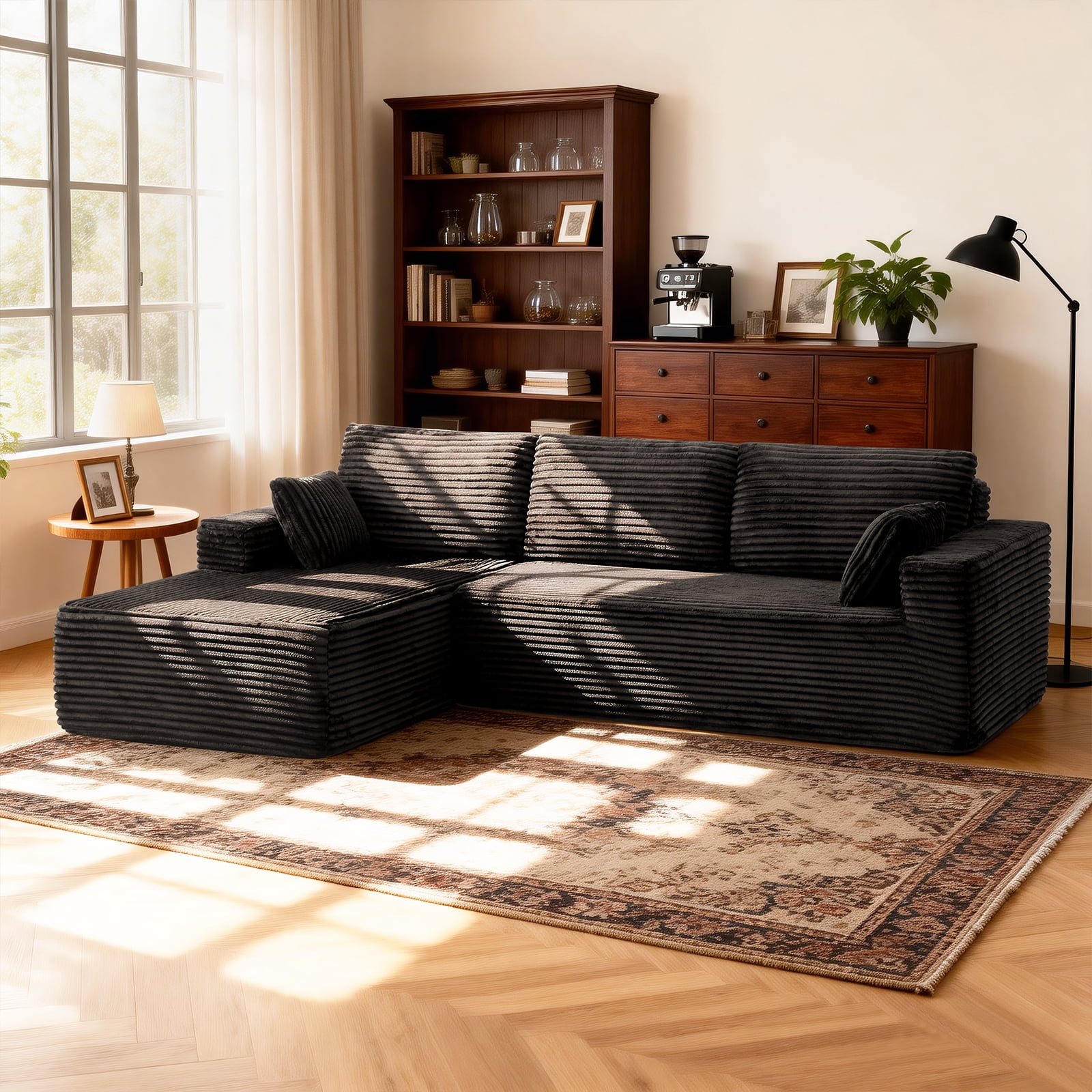 106” Sectional Couch with Chaise, Cloud Boneless Couches Flannel Plush with Deep Seat, L-Shaped Compressed Modular Sofa with Cushions for Living Room, Small Space, Black