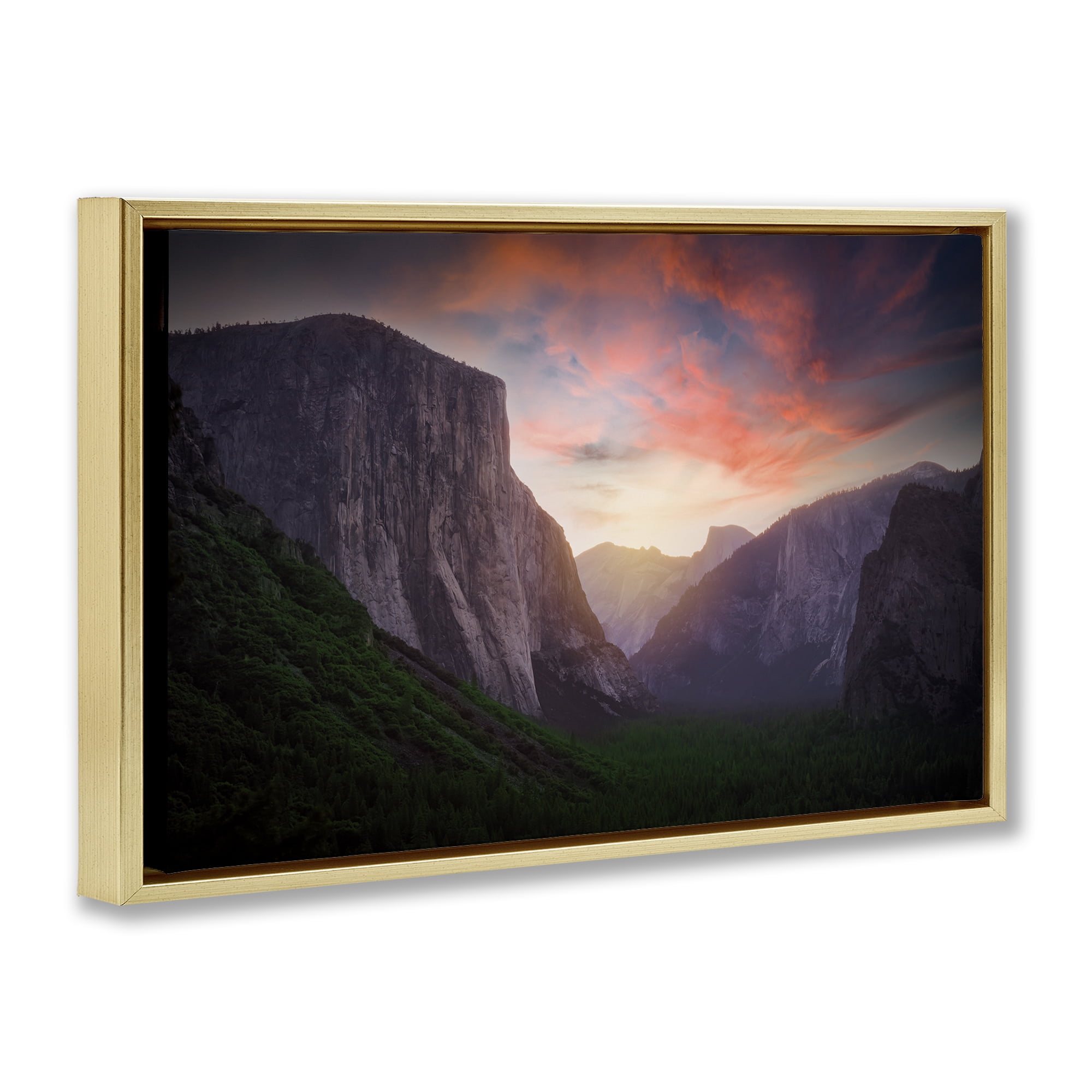 Stupell Industries Sunset Through Mountain Cliffs Landscape & Nature Photography Gold Floater Framed Canvas Art Print Wall Art, 25 x 17
