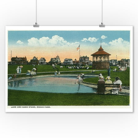 Oak Bluffs, Massachusetts - Martha's Vineyard, Ocean Park View of Lake and Band Stand - Vintage Halftone (9x12 Art Print, Wall Decor Travel