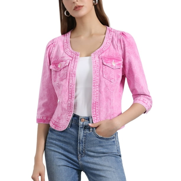 CHAQUETA DE JEAN CORTA SIN CUELLO PARA MUJERES CON MANGAS 3/4 EN ROSA FUERTE TALLA S