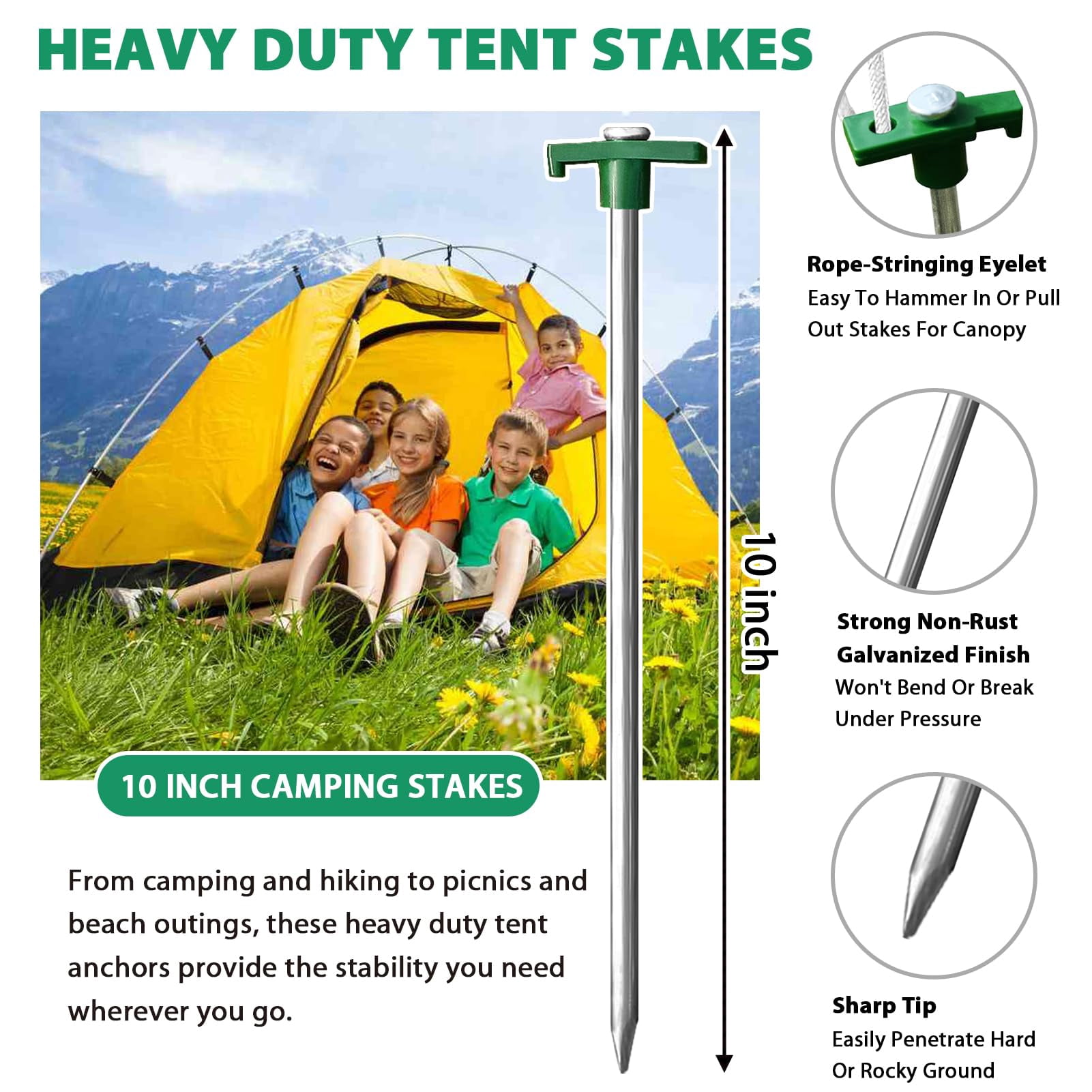 Galvanized Rust-Proof Camping Family Tent Pop-Up Tent Stakes Ice Tools Heavy Duty 10-Pack with 4x10ft Rope and 1 Green Stopper