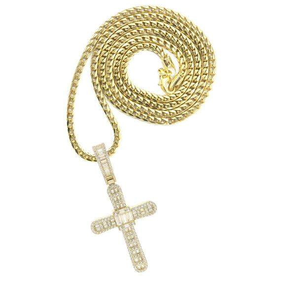 Silver Necklace - Gold Cross Baguette Necklace | 25.4 Grams