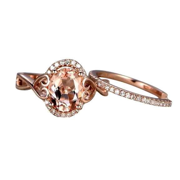 1.50 carat Real Morganite & Moissanite Wedding Bridal Ring Set One Engagement Ring & Wedding Band with 18k Gold Plating