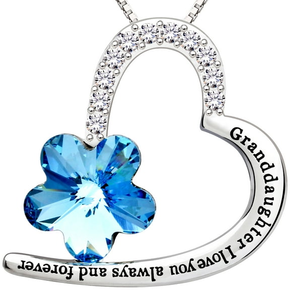 ALOV Jewelry Sterling Silver "Granddaughter I love you always and forever" Love Heart Blue Crystal Cubic Zirconia Pendant Necklace