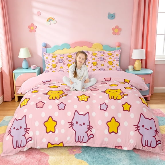 jejeloiu Pink Star Cat Polka Dot Duvet Cover Set Kids,Lovely Kitten Print Bedding Full,Reversible,3 Pieces(No Comforter)