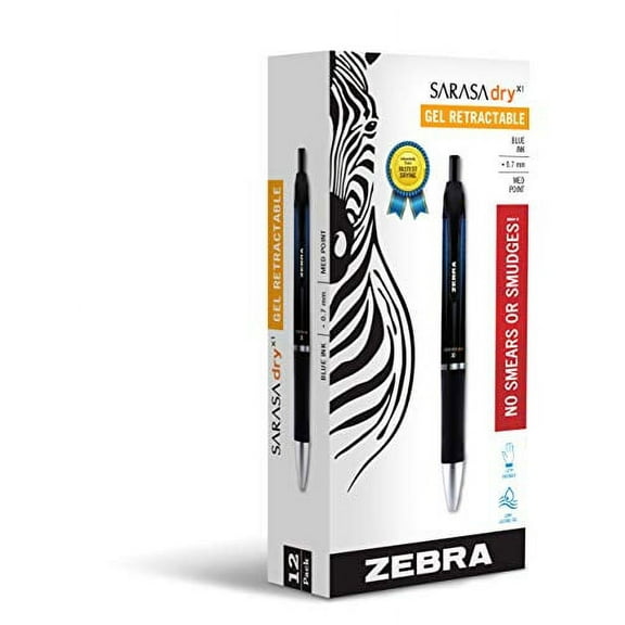 Zebra Sarasa Dry X1 Retractable Gel Ink Pens, Medium Point 0.7mm, Blue Rapid Dry Ink, 12-Count