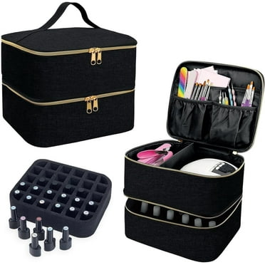 Nail Polish Organizer, Double-Layer Nail Polish Storage with Adjustable Dividers, Portable Nail Polish Bag for Nail Gel Nail Lamp and Manicure Tools Essential and Travel(Black)