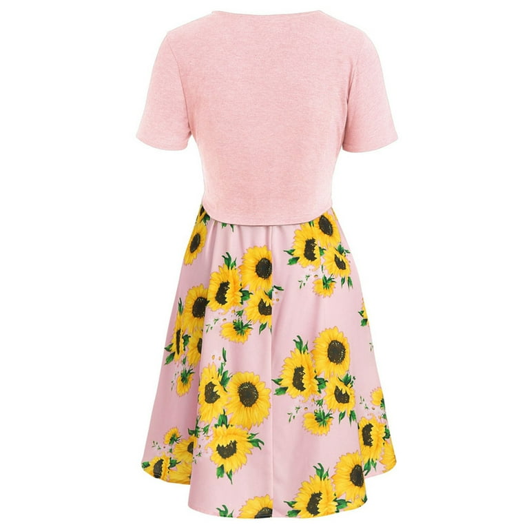 VBARHMQRT Petite Dresses for Women 2024 Women Short Sleeve Bow Knot Bandage  Top Sunflower Print Mini Dress Suit Dress Spring Dresses for Women 2024