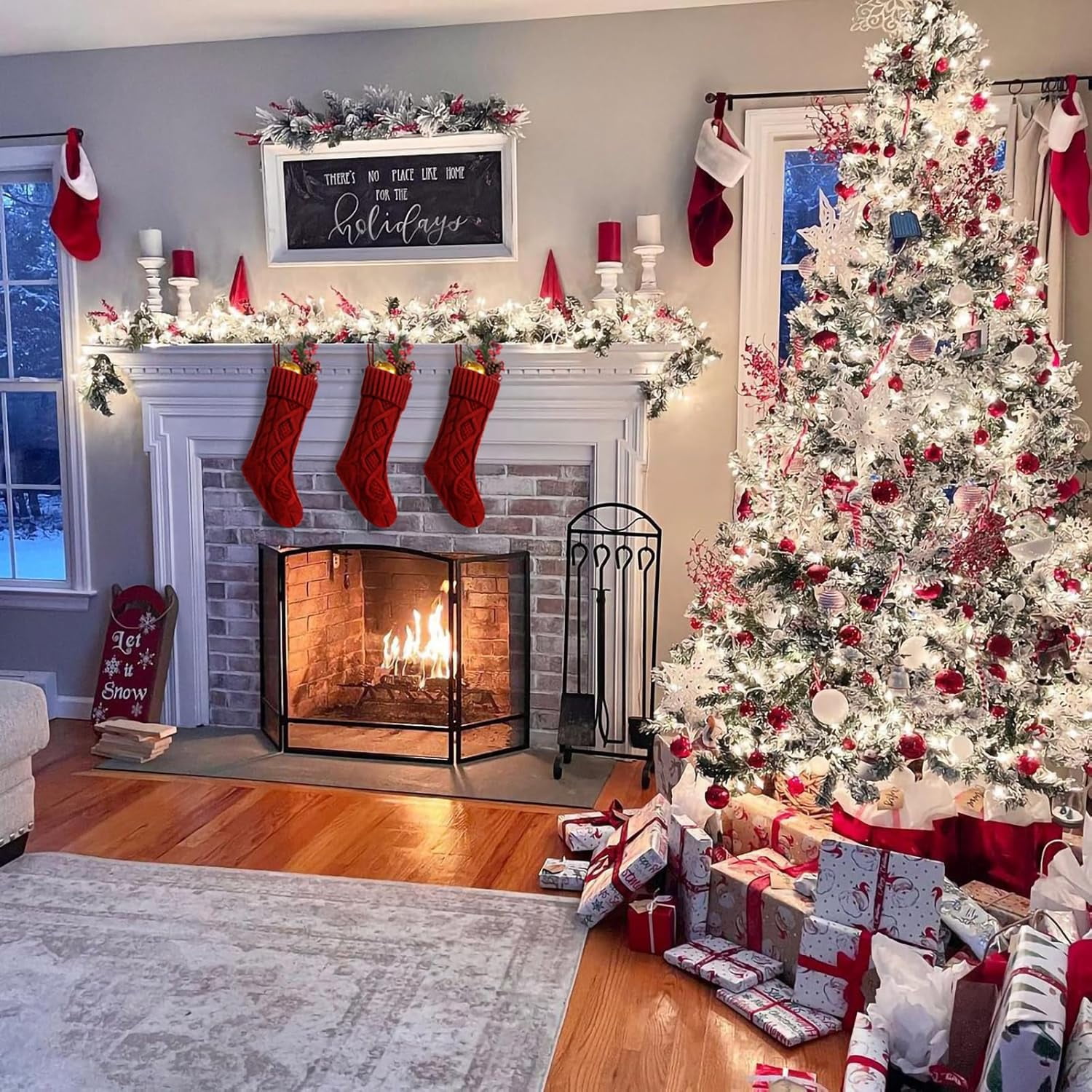 Christmas Stocking Sets 18 Inches Large Size Cable Knitted Stocking Gifts & Decorations for Family Holiday Xmas Party