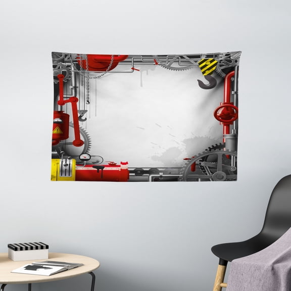 Industrial Decor Tapestry, Engineering Theme Gears Levers Pipes Meters Flue Lifting Crane Print, Wall Hanging for Bedroom Living Room Dorm Decor, 60W X 40L Inches, Grey Red Yellow, by Ambesonne