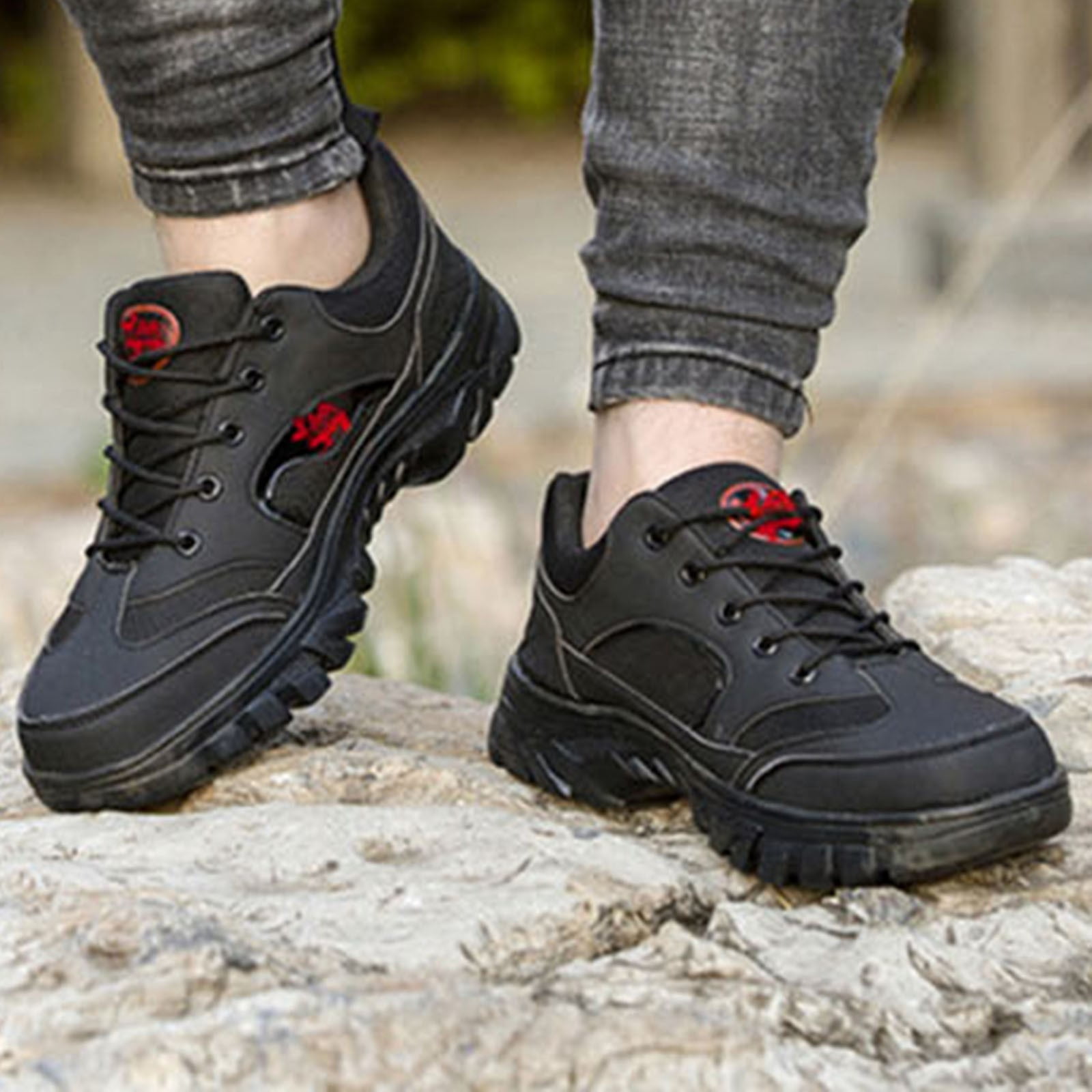 Black Men'S Hiking Shoes Round Toe Anti Slip Wear Resistant Comfortable Lightweight Outdoor Walking Footwear For All Seasons And Activities Size 41