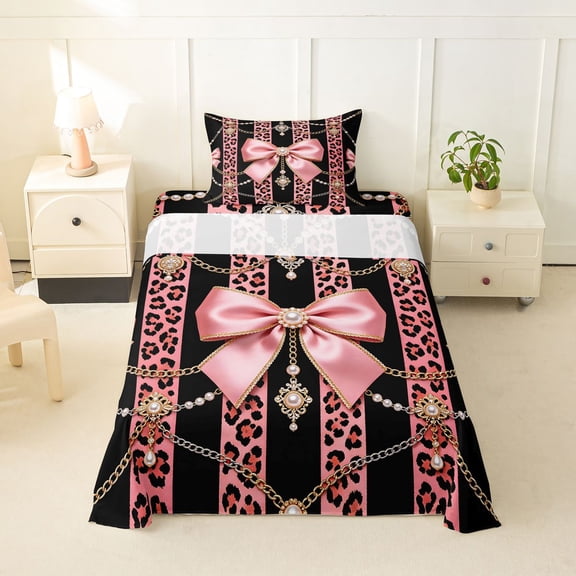 spefrowx Retro Baroque Leopard Print Bow Twin Sheets for Girls, Black Coral Pearl Stripe Bedding, 3-Piece, 1 Flat Sheet, 1 Fitted Sheet and 1 Pillowcase