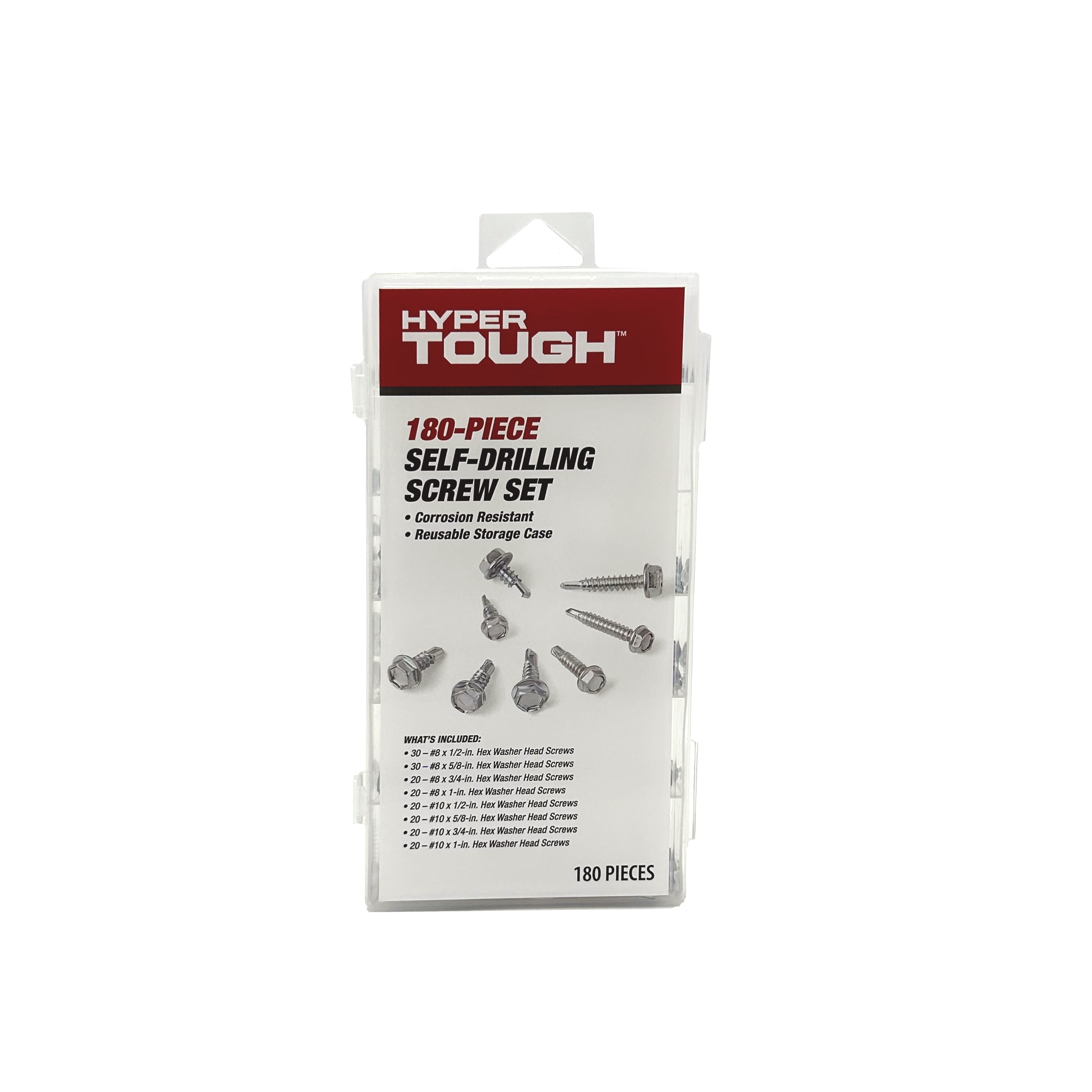 Hyper Tough Zinc Plated Steel Self Drilling Screw Set with Clear Case, 180 Piece