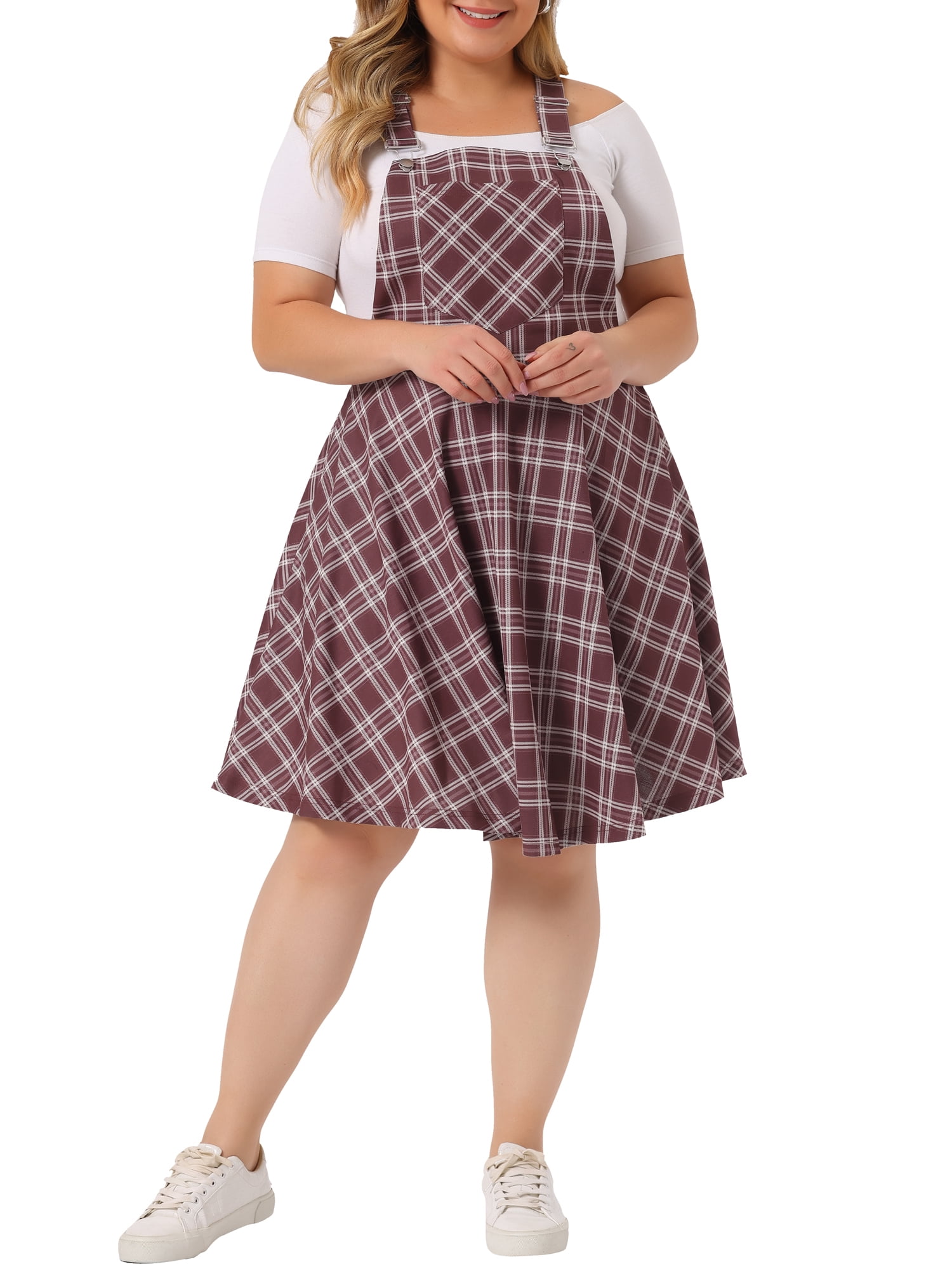 Unique Bargains Women's Plus Size Overall Pinafore Adjustable Straps Swing Short Dress 3X Red White