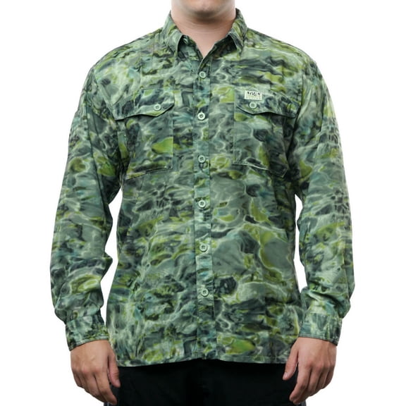 Aqua Design Mens Button Down Shoreline Long Sleeve UPF Sun Protection Camo Shirt: Green Bayou size XL