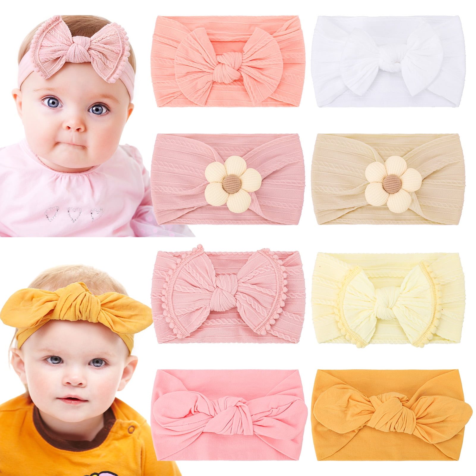 Bocaoying 8 Pack Baby Bows and Headbands, Floral Baby Head Bows for Newborn Infant Toddler, 4 Styles in Pink White Yellow, Wide Band 5.5-7", Ideal for Newborn Photoshoot & Baby Shower Gift