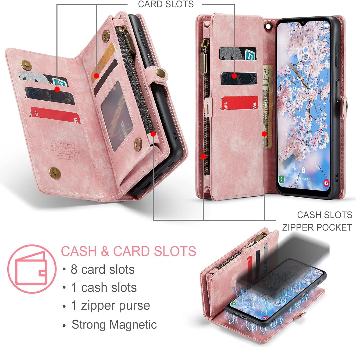 Phone Case for Samsung Galaxy A14 5G Zipper Wallet Detachable Cover with Tempered Glass Screen Protector and Leather Flip Credit Cash Card Holder Cell Accessories A 14 4G 14A G5 Women Men Pink