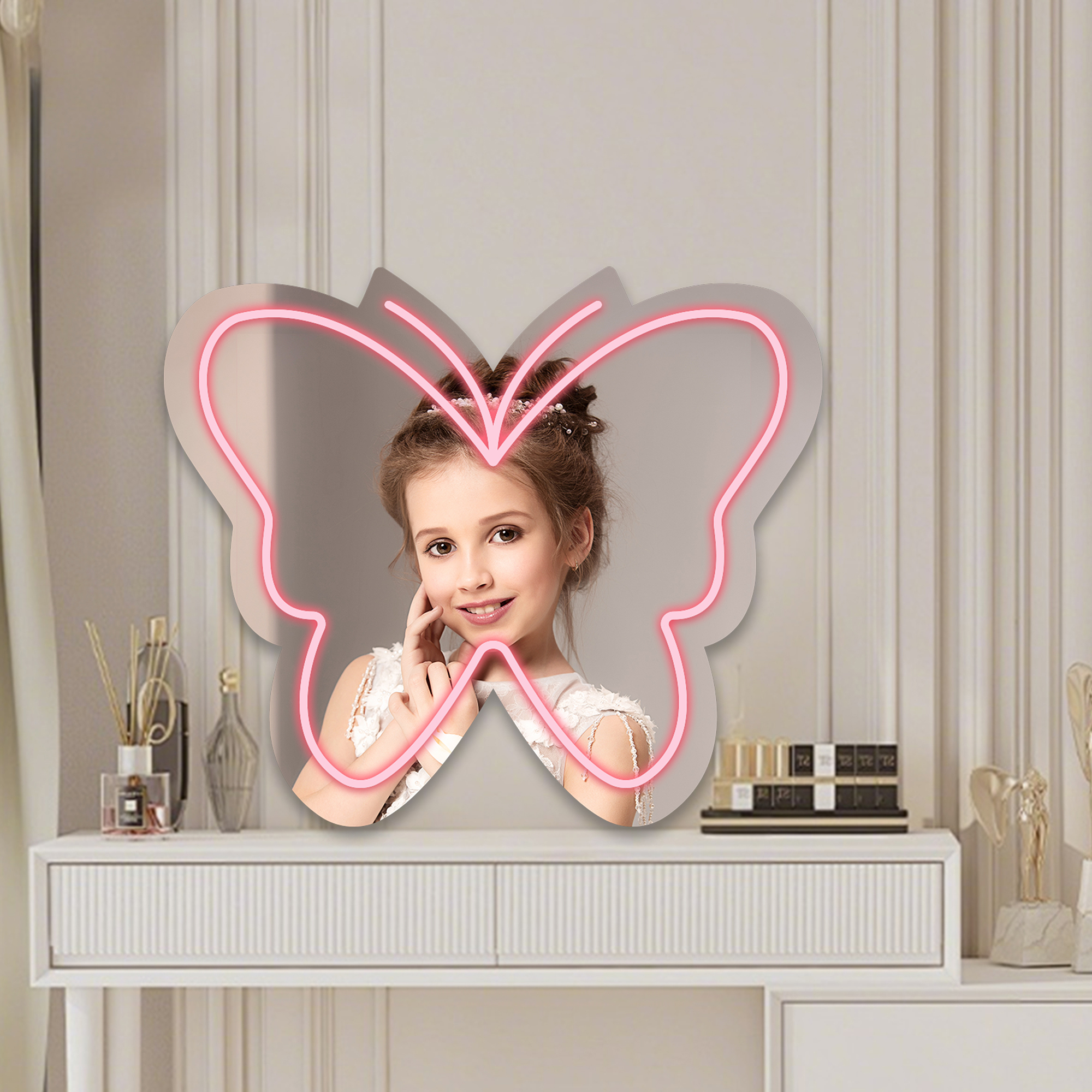Anime Butterfly Mirror with Light Neon Signs for Locker Room Living Room Girl's Bedroom, Cute Acrylic Mirror with Dimmable for Girl Gifts, Wall Mirror
