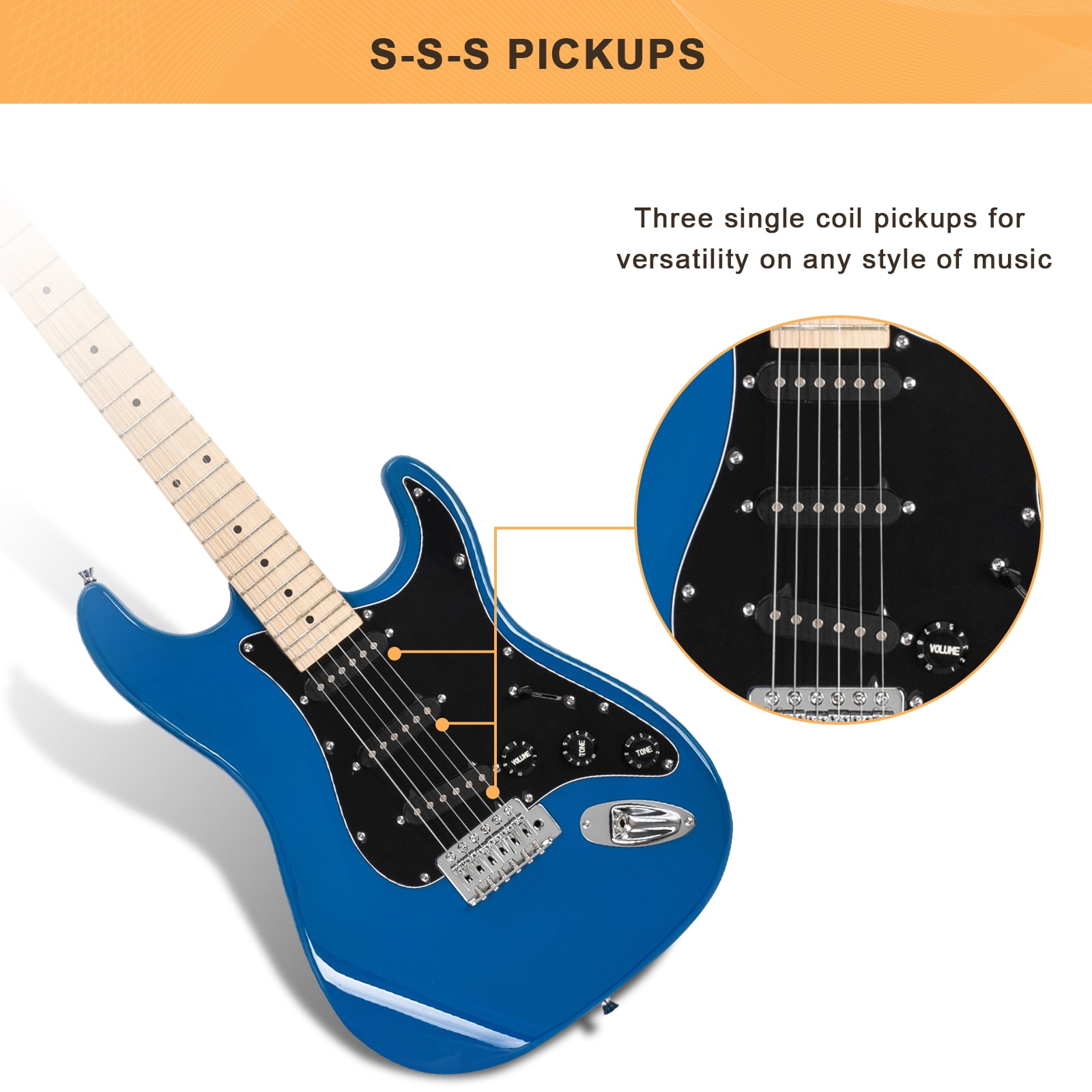 GLARRY Full Size Maple Electric Guitar with Amp and Case Beginner Blue