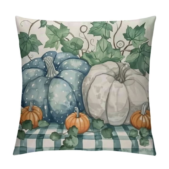 PHYHOO Fall Pillow Covers Buffalo Plaid Eucalyptus Leaves White and Blue Pumpkins Fall Pillows Decorative Throw Pillows Farmhouse Thanksgiving Decorations Autumn Cushion Case