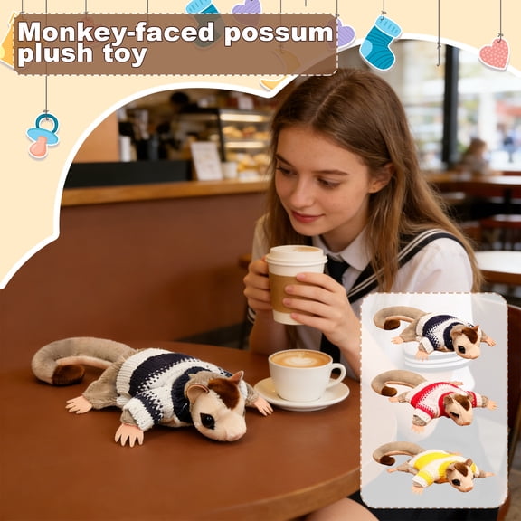 Sugar Glider Plush Toy Possum Stuffed Animal with Striped Sweater,Realistic Wildlife Soft Doll Cuddly Companion for Home Office Decoration