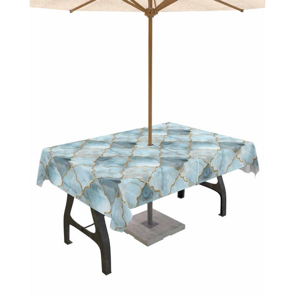 Fsddascl Teal Morocco Outdoor Tablecloth - 52x70 Inch Rectangle Dining Table Cover, Modern Abstract Art Contemporary Geometric Waterproof Outdoor Table Cloth with Umbrella Hole & Zipper for Patio