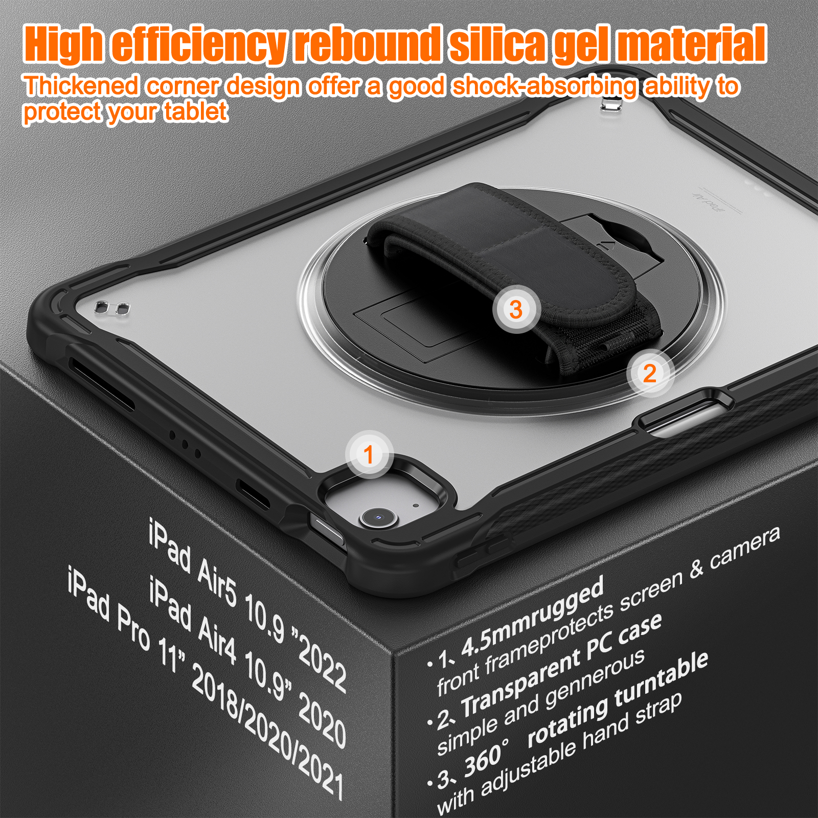 Allytech Rugged Case for Apple iPad Pro 11 2022/2021/2020/2018, iPad Air 4 5 Case, iPad Air 11" Case 2024, 360 Rotating Stand Clear Back Cover Shockproof Shoulder Strap with Pencil Holder, Black