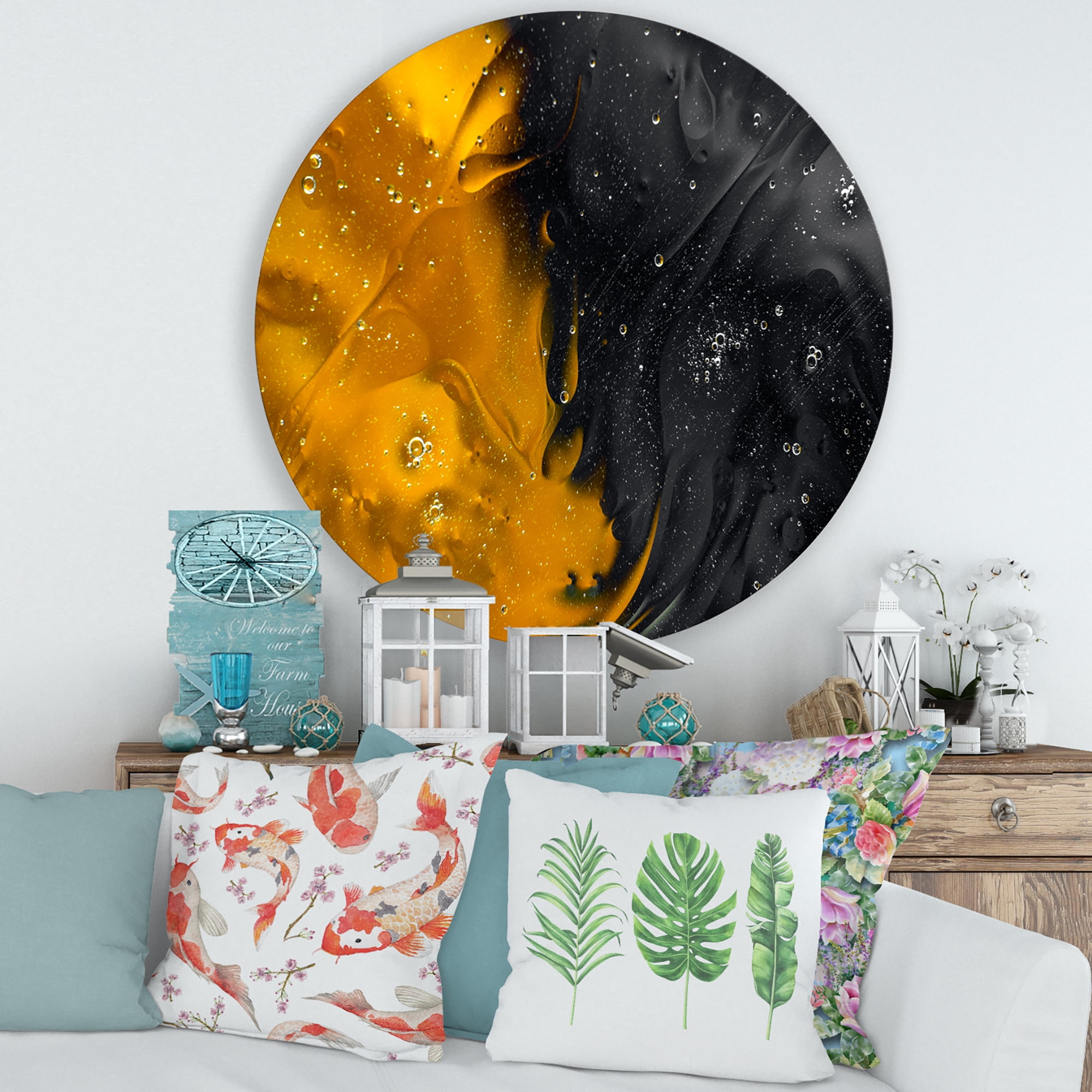 Designart 'Marriage of Black and Yellow' Modern Circle Metal Wall Art 29x29 - Disc of 29
