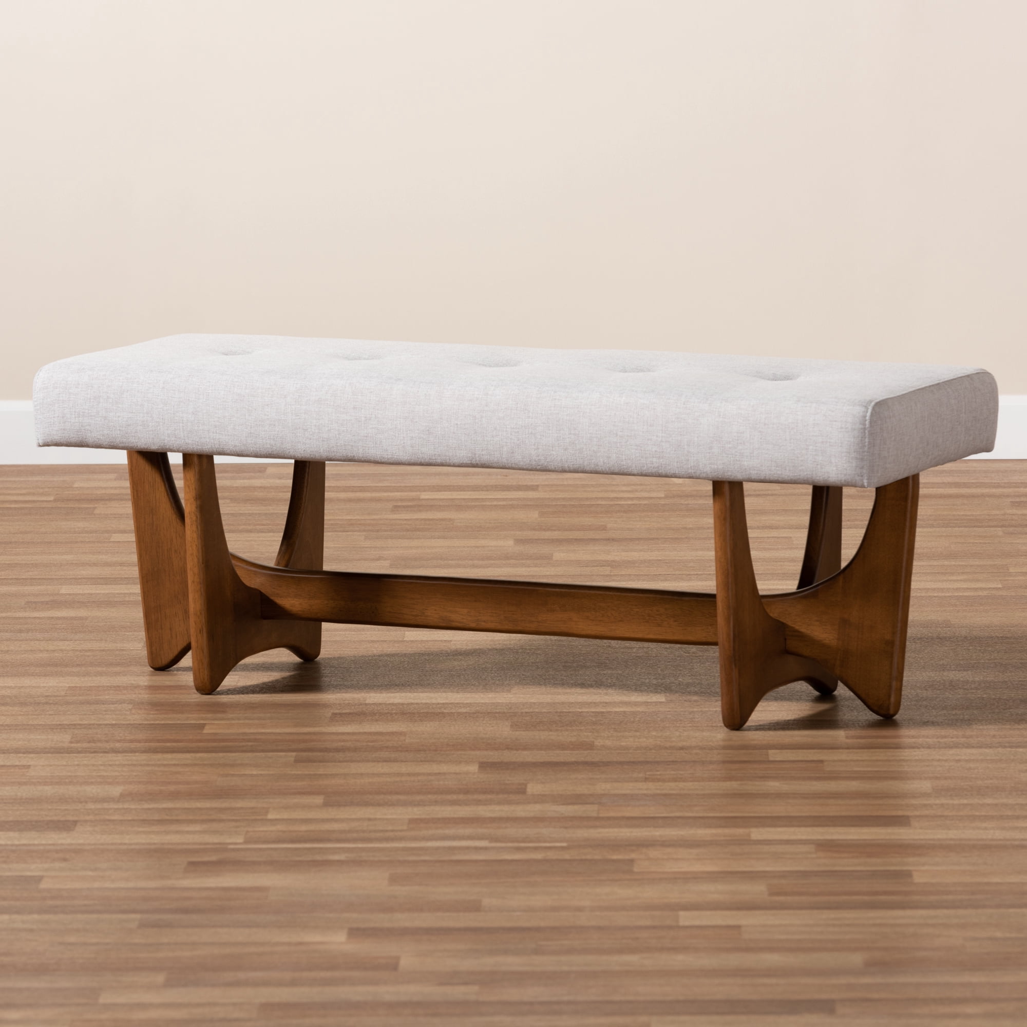 Baxton Studio Theo Mid-Century Modern Grayish Beige Fabric Upholstered Walnut Finished Bench