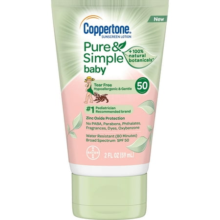 Coppertone Pure & Simple Baby SPF 50 Sunscreen Lotion, Tear Free, Water Resistant, #1 Pediatrician Recommended brand, +100% Natural Botanicals,Â Broad Spectrum UVA/UVB Protection, 2 Fluid Ounce SPF
